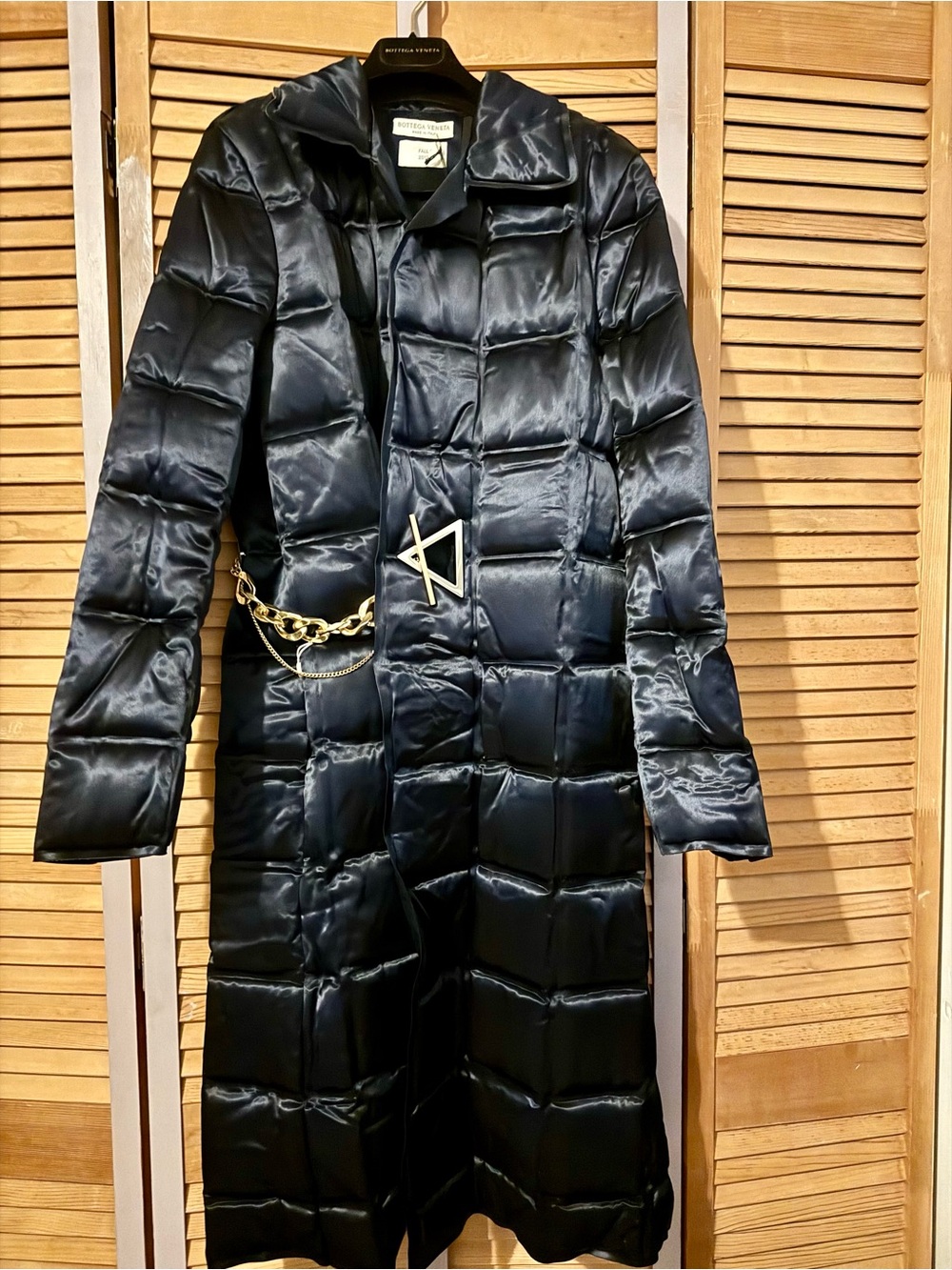 Bottega Veneta Black Quilted Satin Long Puffer Coat with Chain Accent